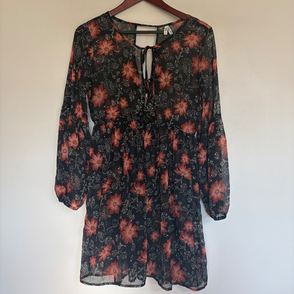Mudd Womens Sheer Floral Y2K Festival Mini Dress Black Orange Size Medium